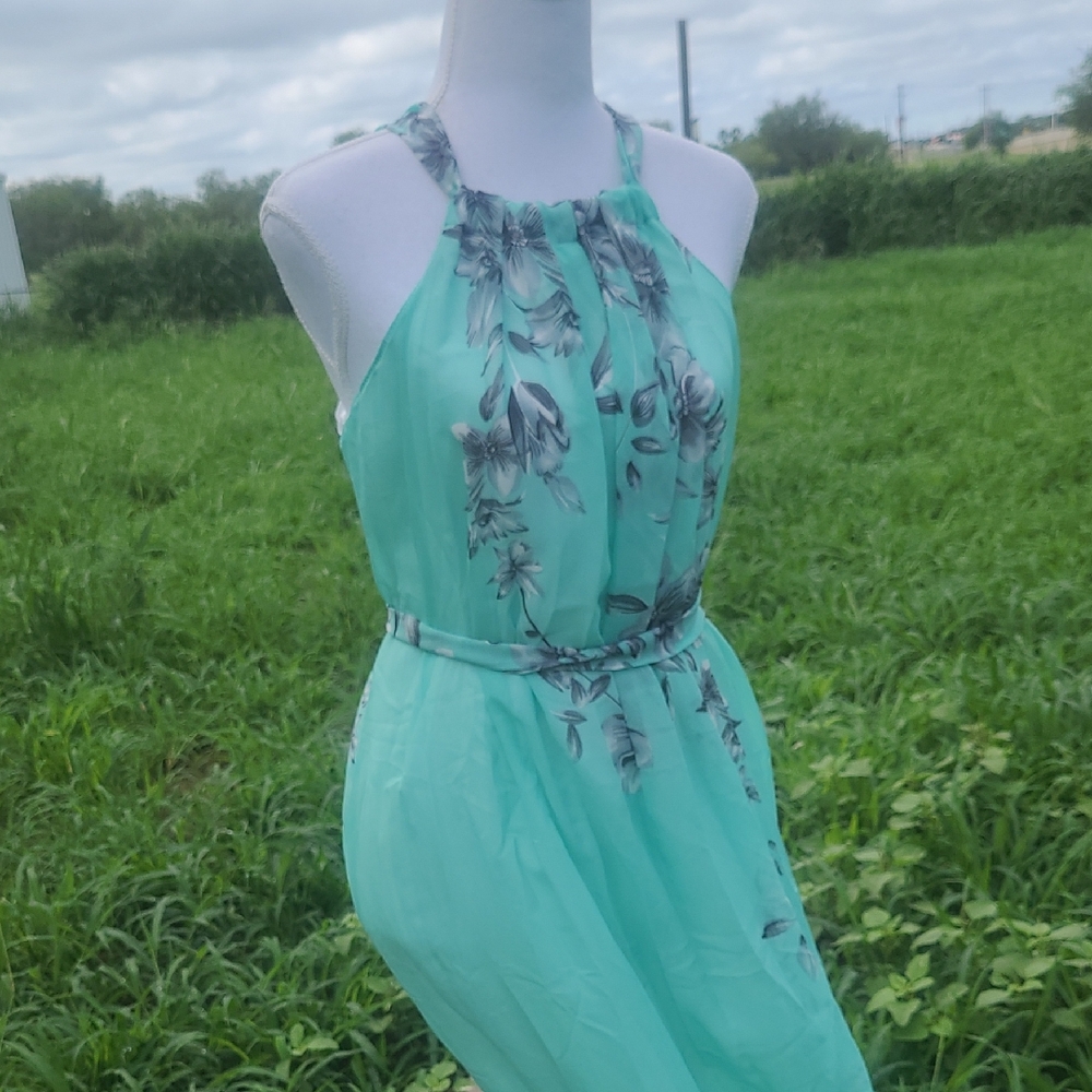 Aqua Floral Halter Maxi Dress with Belt